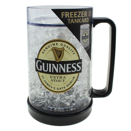 A Guinness Freezer Tankard with ice in it.