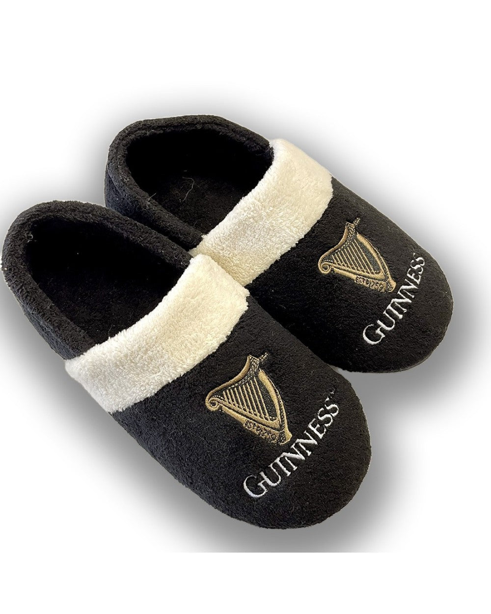 A pair of Guinness Harp Slippers - Bring A Pint, featuring the iconic logo, perfect for beer enthusiasts and a fun novelty gift.