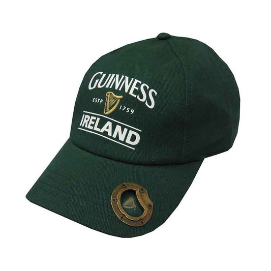 Green Guinness Bottle Opener Cap with "Guinness Ireland" logo, a harp image, and a built-in bottle opener on the brim.