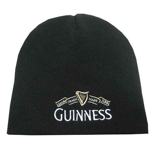 Guinness Black Beanie Trademark Hat with the trademark Guinness logo embroidered in white on the front.