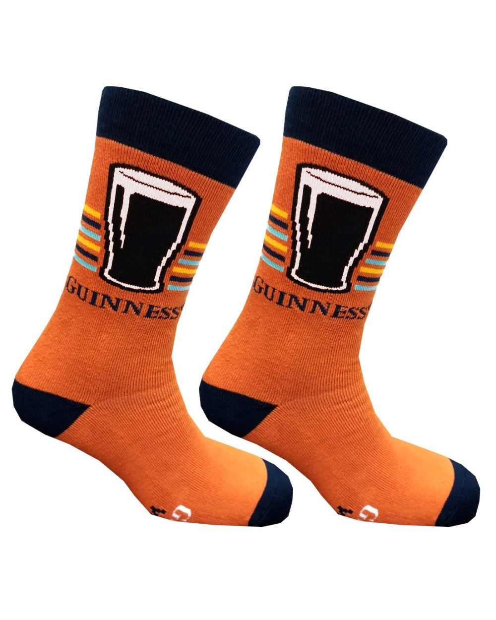 The "Only A Guinness Will Do" socks from Guinness Webstore UK are the ideal gift for any Guinness enthusiast. These vibrant orange socks, adorned with a pint glass graphic and the word "Guinness," feature multicolored stripes and black accents on the toes and cuffs, perfectly merging style with iconic charm.