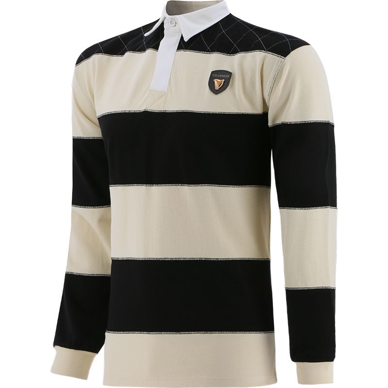 The Guinness Black and Cream Striped Rugby Jersey by Guinness is a long-sleeve shirt with horizontal black and cream stripes, complete with a collar and a small logo on the chest, reminiscent of a classic rugby jersey with a hint of barbarian style.