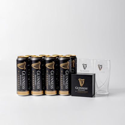 The Guinness Nitrosurge Gift Bundle from Guinness UK includes a pack of eight draught cans, two branded glasses, and a black gift box, ideal for enjoying the smooth, creamy delight of nitrogen bubbles.