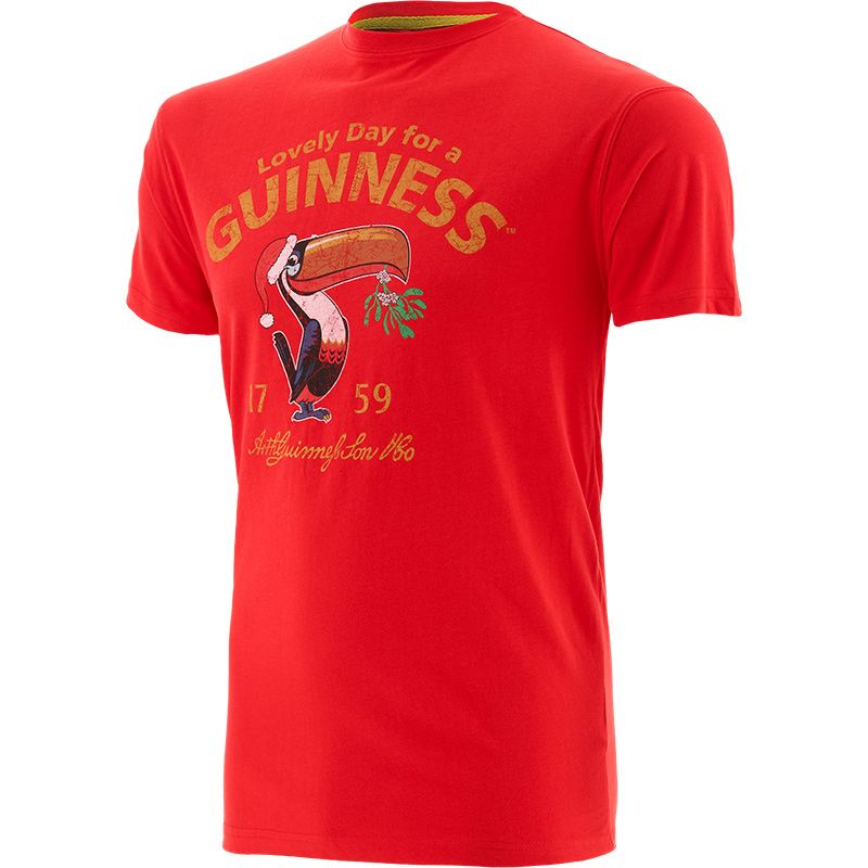 The Guinness Christmas Toucan T-Shirt Red from Guinness Webstore UK features a festive toucan graphic and the phrase "Lovely Day for a Guinness" in yellow, making it the perfect holiday tee to bring cheer to any occasion.