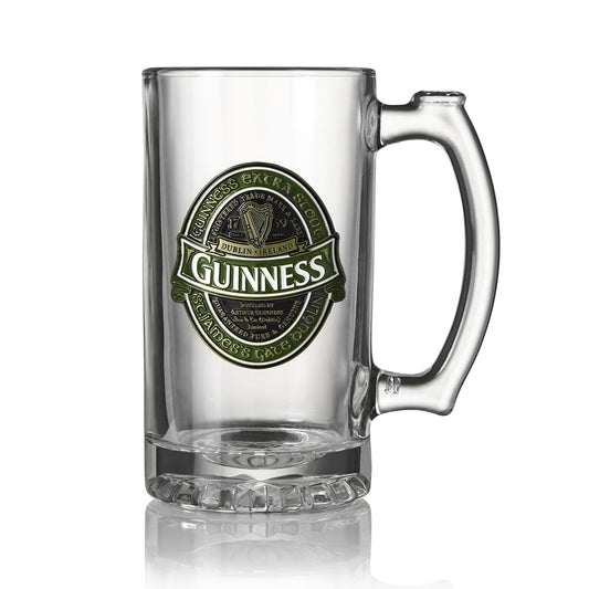 A clear Guinness Ireland Tankard with a handle, featuring the distinct green and white Guinness logo on the front.