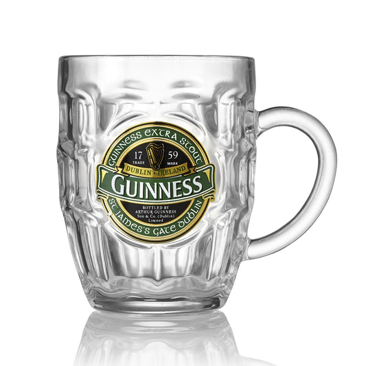 A high-quality **Guinness Ireland Dimpled Tankard** labeled "Guinness Extra Stout" with a green and gold emblem, featuring a harp logo, and the text "Bottled by Arthur Guinness Son & Co.," part of the exclusive Guinness Green Collection.
