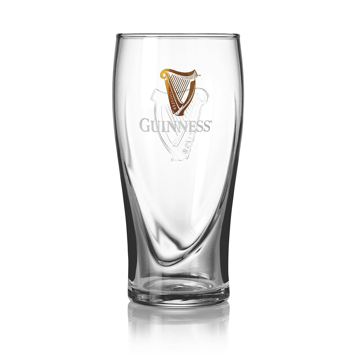 Guinness Embossed Pint Glass - 500ml Can Size by Guinness UK features a clear design with an embossed Harp and a gold harp emblem on the front.
