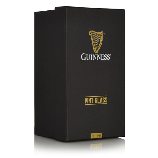 High-quality GUINNESS® pint glass in a black Guinness UK gift box.