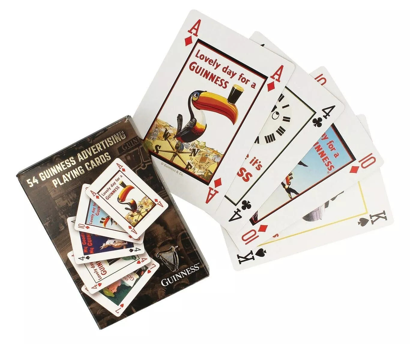 The Guinness Advertising Playing Cards from Guinness Webstore UK are a deck of 54 high-quality linen finish playing cards, featuring classic vintage Guinness ads with toucans and other designs. Displayed elegantly on a white background, these cards are perfect for any collection.