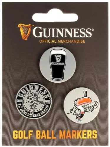 Introducing the Guinness Golf Ball Markers from the Guinness Webstore UK. This set includes three uniquely themed markers on a card, each displaying iconic designs: a pint glass, the Guinness logo, and the famous toucan. Elevate your golfing experience with this ideal fusion of style and tradition.